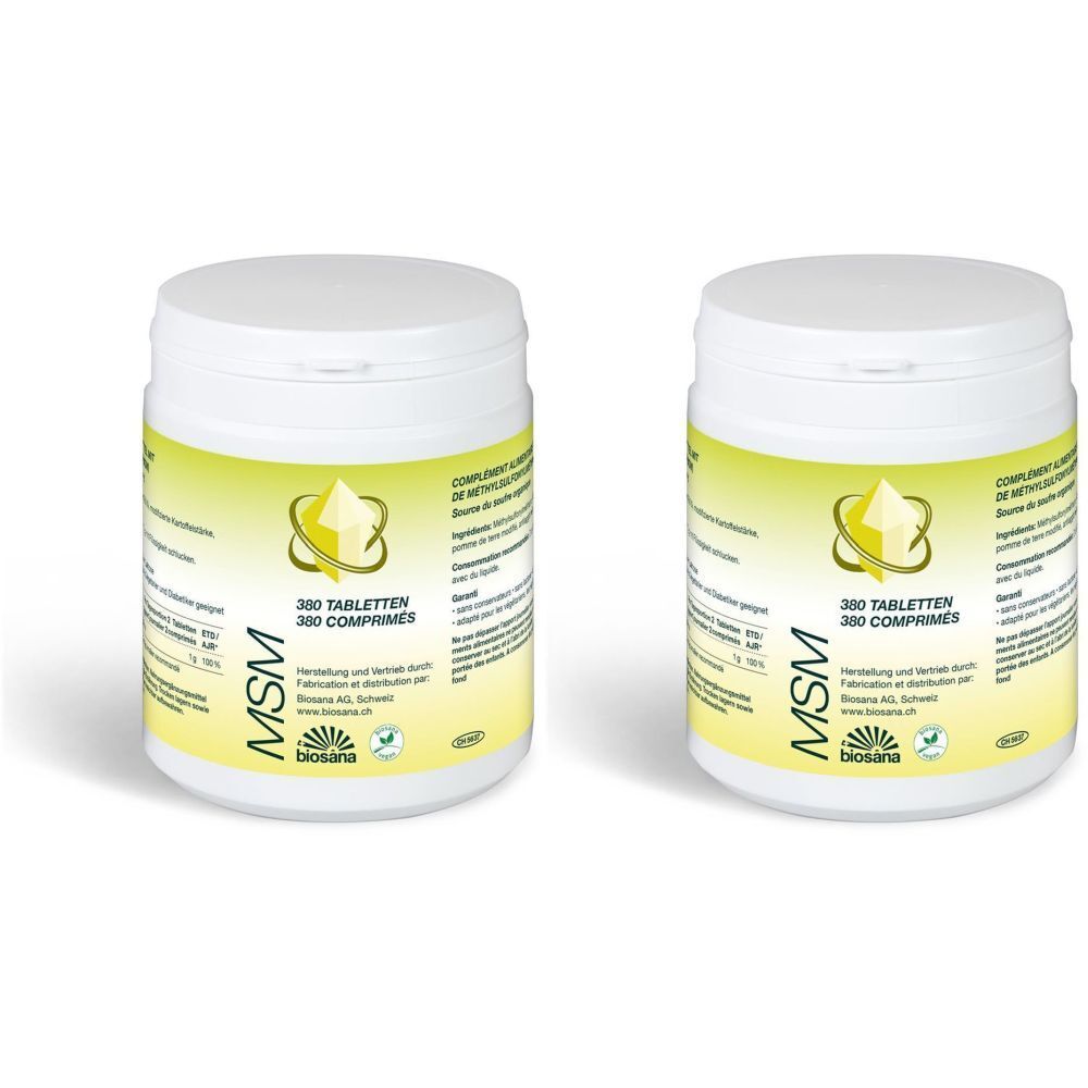 Deux boîtes blanches avec des étiquettes jaunes. Sur les étiquettes, on lit "MSM" et "360 comprimés". Logos et texte en allemand et français.
