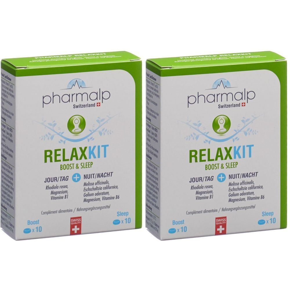 Deux boîtes rectangulaires avec l'inscription "pharmalp RELAXKIT BOOST & SLEEP". Croix suisse. Emballage vert et blanc.