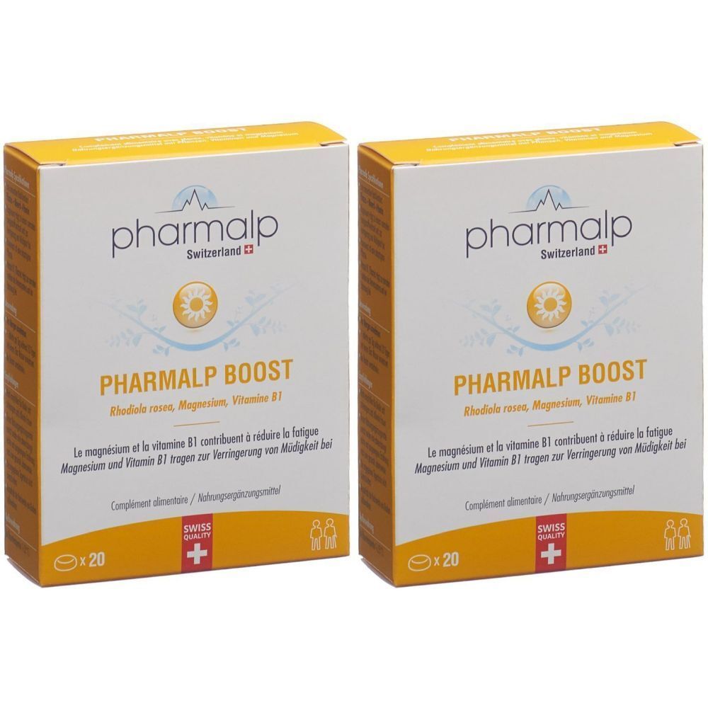 Deux boîtes de PHARMALP BOOST. Inscription : Rhodiola rosea, Magnésium, Vitamine B1. Label Swiss Quality. Paquet de 20.