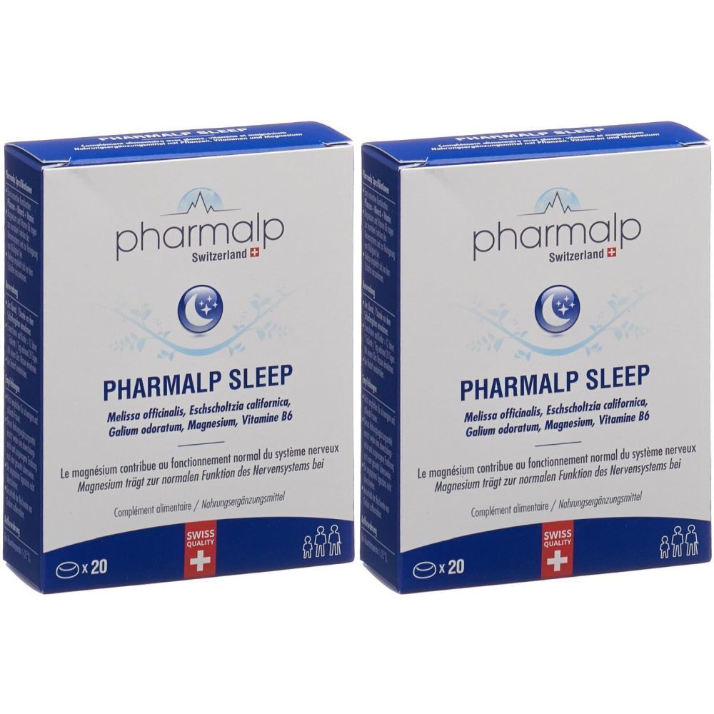 Deux boîtes de PHARMALP SLEEP. Emballage bleu et blanc avec nom du produit et ingrédients. Logo Swiss Quality.
