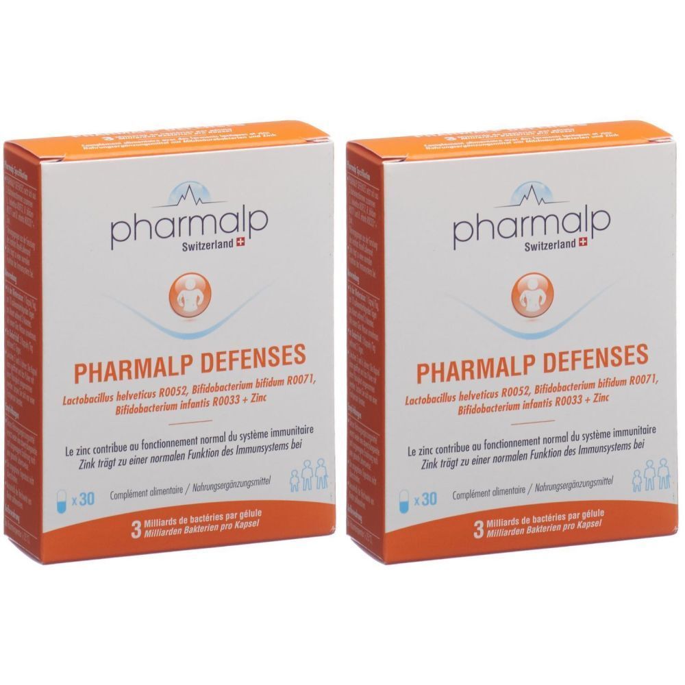 Deux boîtes PHARMALP DEFENSES. Emballage blanc et orange. Texte: PHARMALP, Switzerland, DEFENSES, 30 gélules.