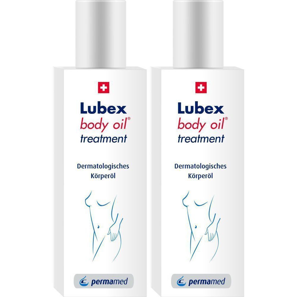 Deux flacons de LUBEX body oil treatment. Flacons blancs avec croix rouge et nom du produit. Illustration d'une femme.