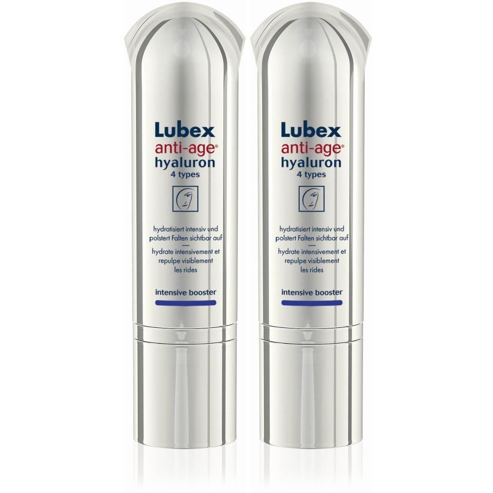 Deux flacons avec impression du produit. Texte : Lubex anti-age hyaluron 4 types. Avec fermeture transparente. Inscription : Intensive booster.