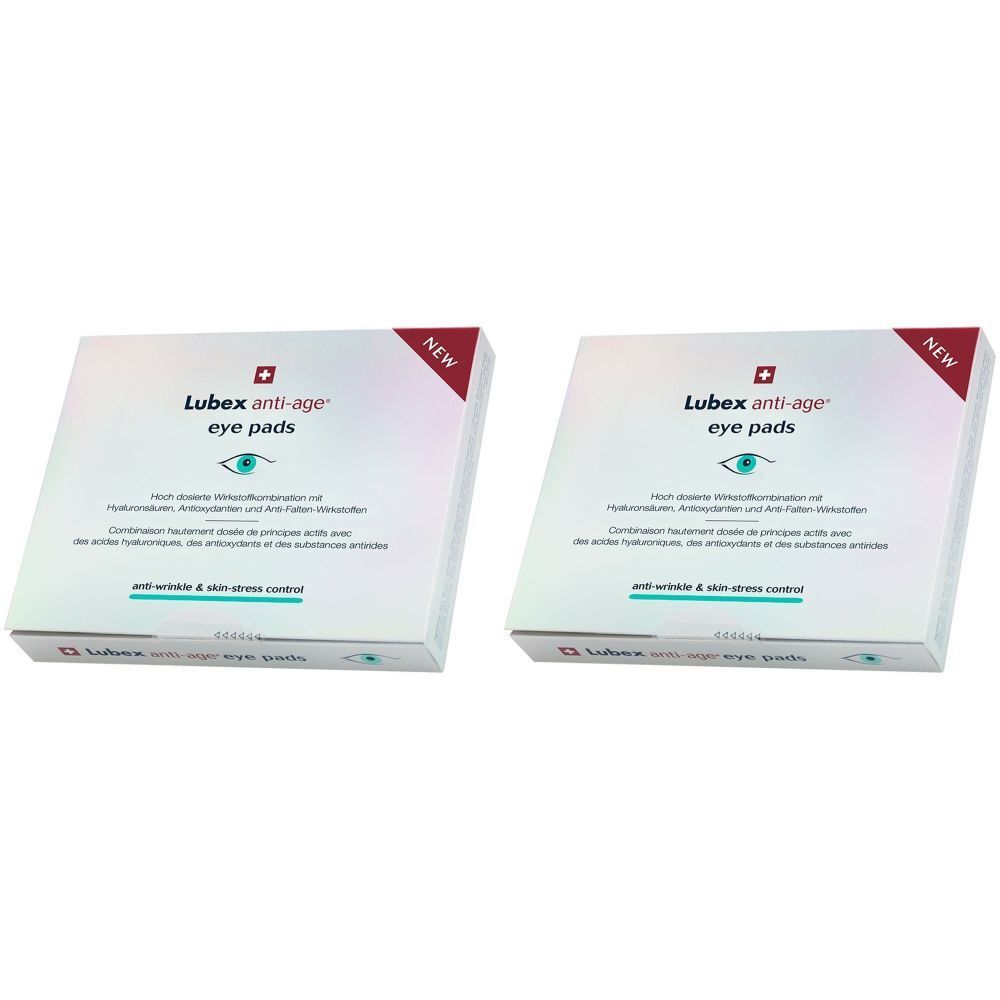 Deux boîtes carrées avec l'inscription "Lubex anti-age eye pads". Étiquette "NEW" dans le coin. Croix suisse.
