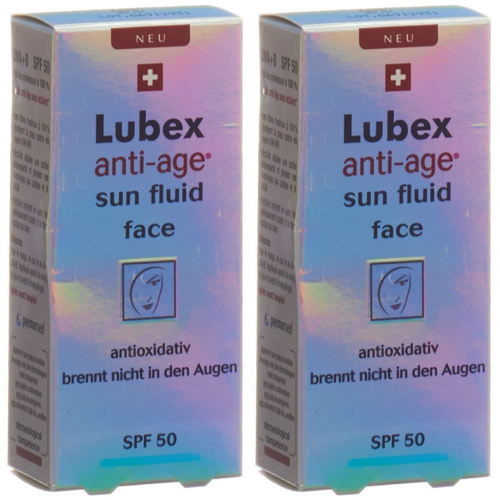 Deux boîtes rectangulaires avec "Lubex anti-age sun fluid face". En haut "NEU" et une croix suisse. En bas "SPF 50".