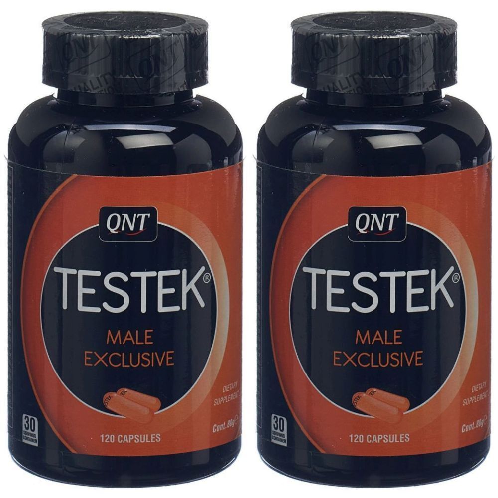 Deux flacons avec bouchons noirs et étiquettes. L'étiquette indique "QNT TESTEK MALE EXCLUSIVE". Contient 120 capsules.