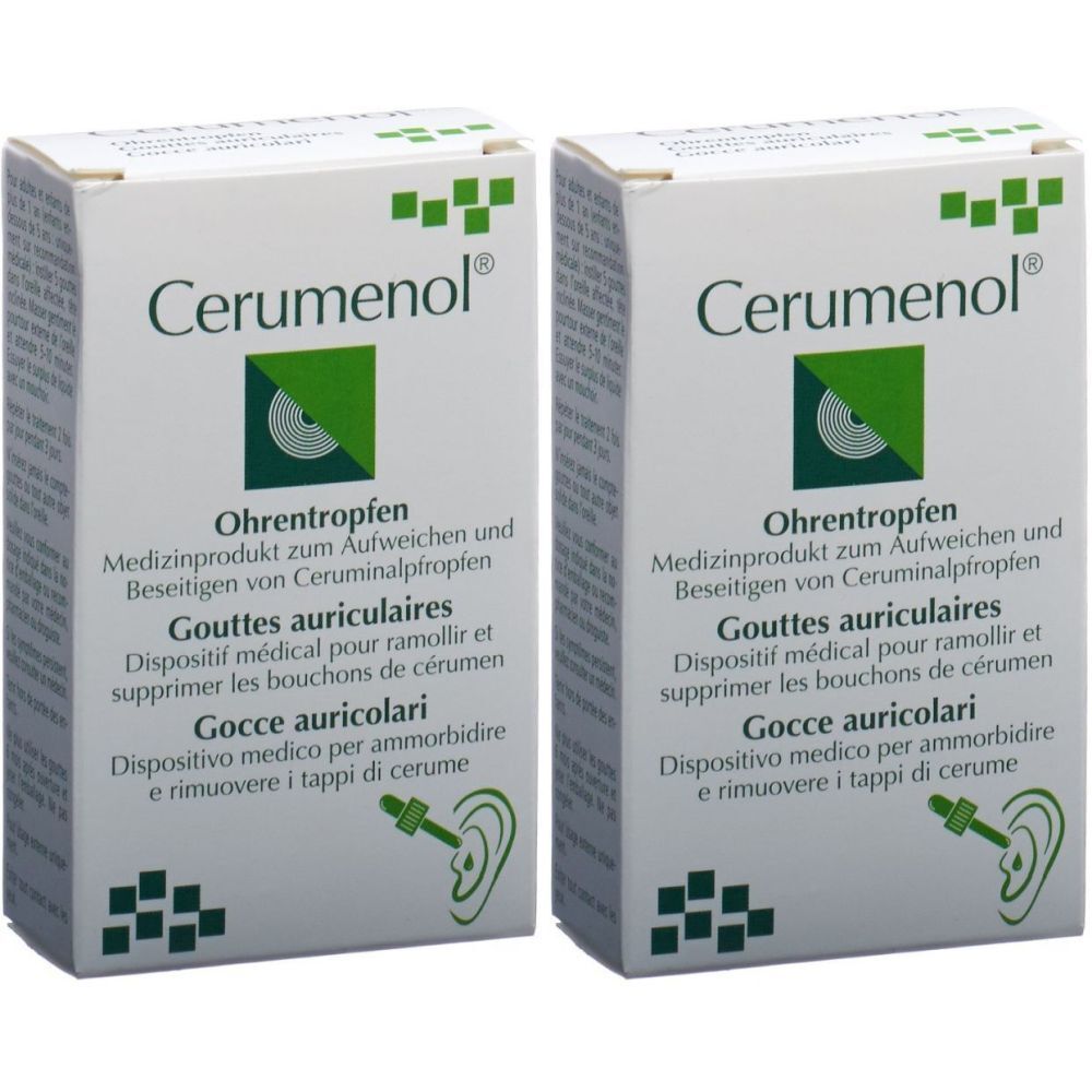 Deux boîtes blanches avec "Cerumenol Ohrentropfen". Texte en allemand, français et italien. Illustration d'une oreille et d'un compte-gouttes.