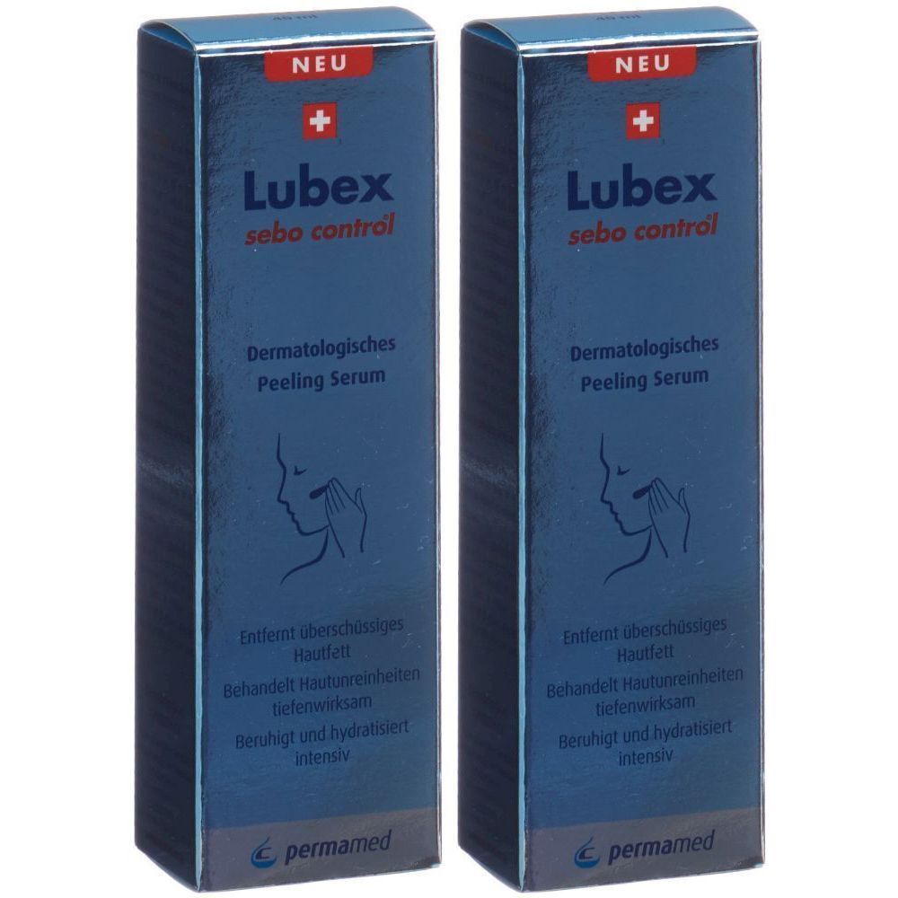 Deux boîtes bleues avec "Lubex sebo control" et logo "NEU". Texte : "Dermatologisches Peeling Serum".