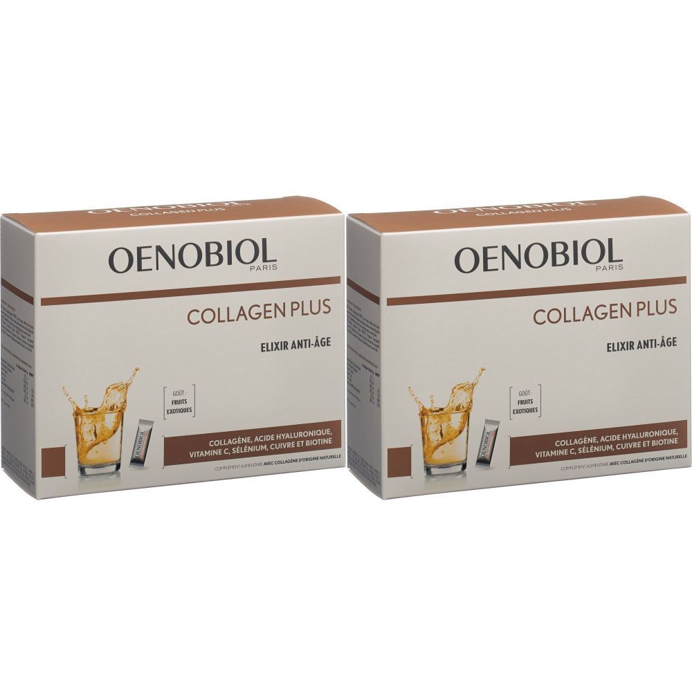 Deux boîtes de Oenobiol Collagen Plus. Inscription: Collagen Plus, Elixir Anti-Âge. Illustration d'une boisson avec un sachet.