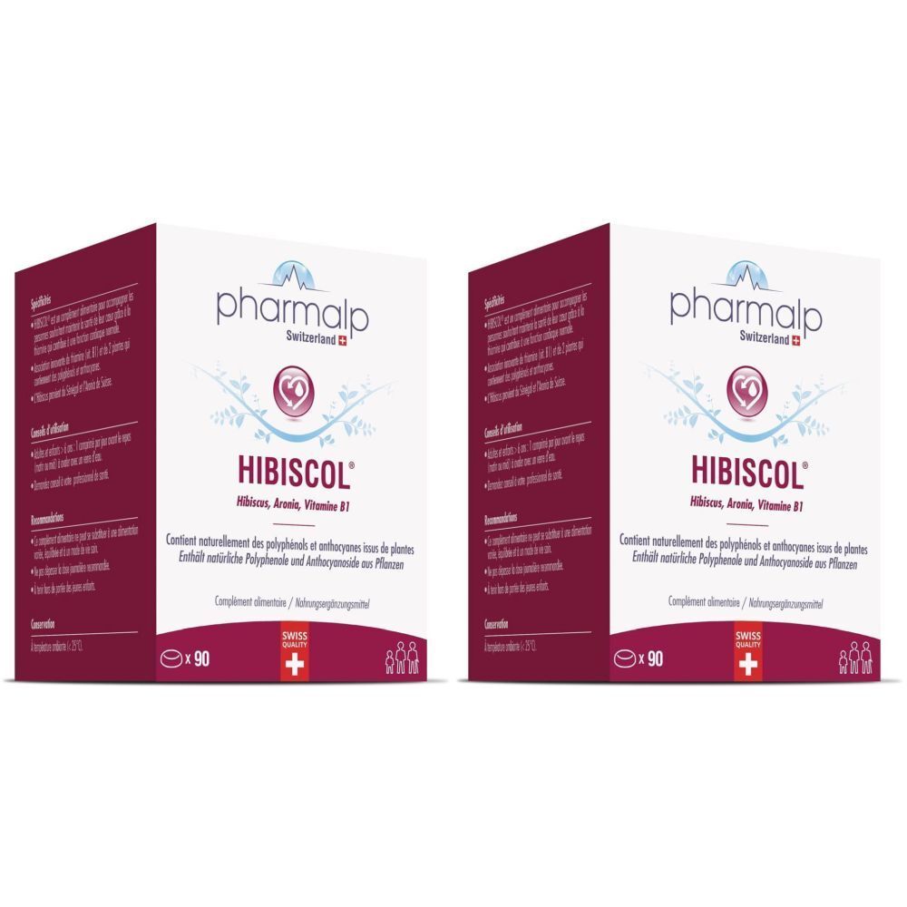 Deux boîtes rectangulaires avec logo "pharmalp Hibiscol". Label de qualité suisse. Texte en allemand et français.
