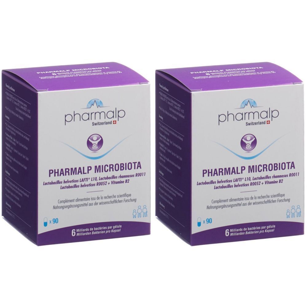 Deux boîtes carrées PHARMALP MICROBIOTA. Emballage violet et blanc avec logo et informations sur le produit.