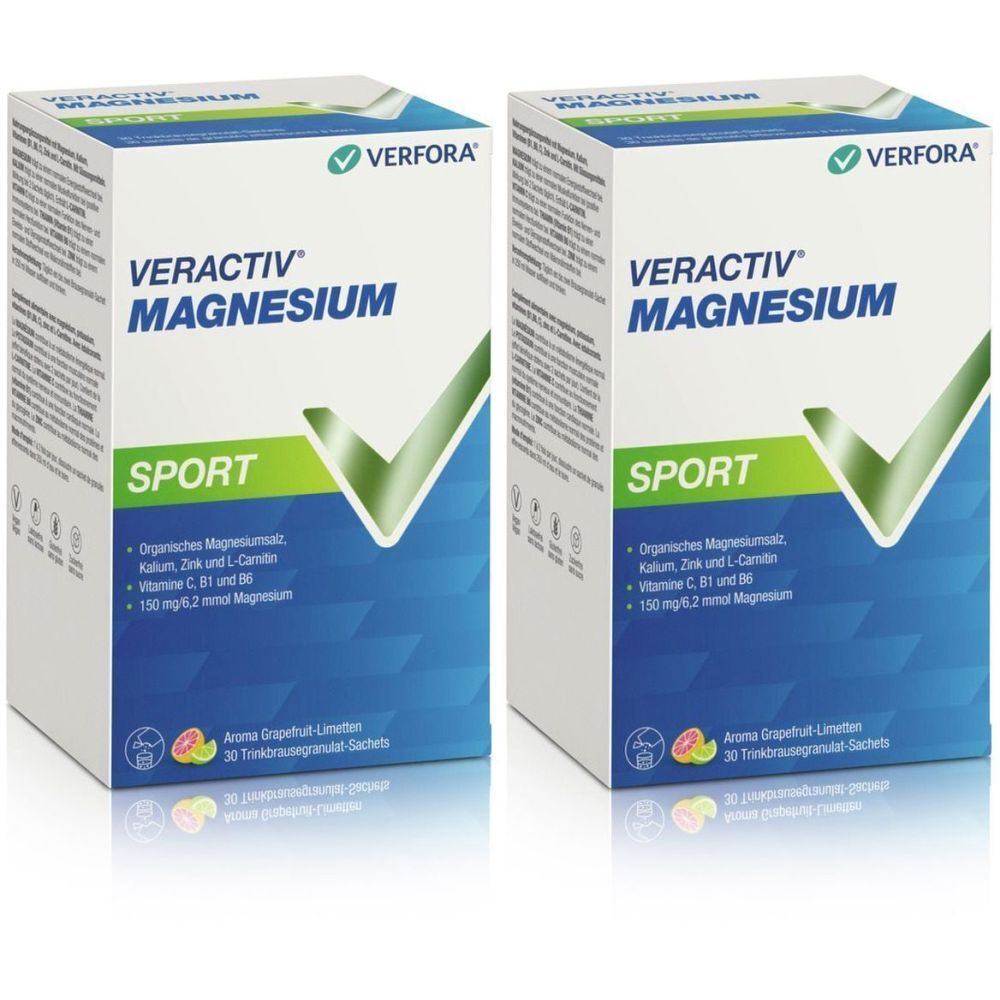 Deux boîtes blanches avec le logo "VERACTIV MAGNESIUM SPORT". Couleurs vert et bleu. Texte : Magnésium organique, zinc, L-carnitine, vitamine C, B1 et B6.