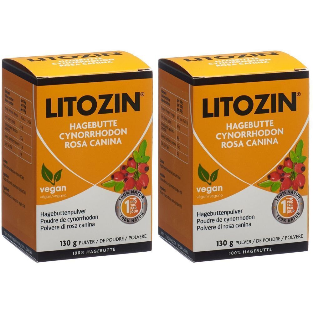 Deux boîtes rectangulaires LITOZIN, Cynorrhodon, Rosa Canina. Label vegan et 130g de poudre. Illustration de fruits rouges.