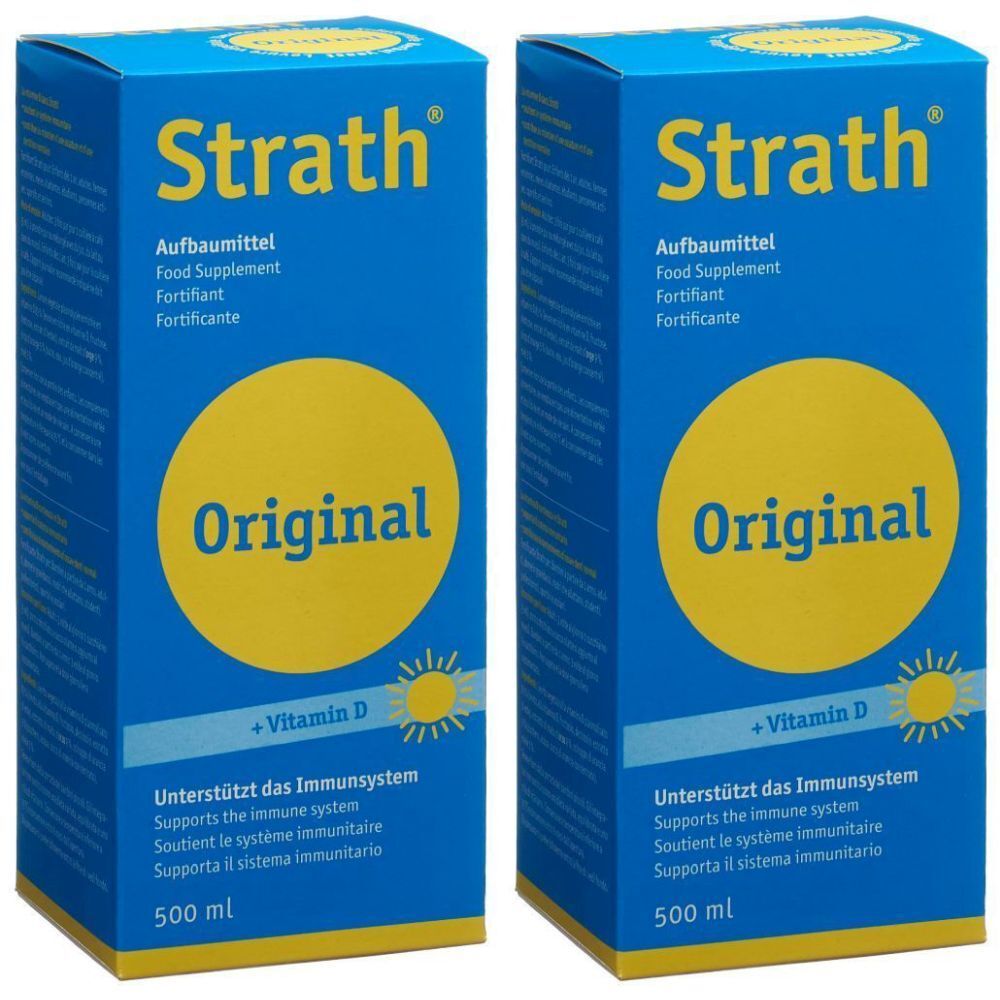 Deux boîtes bleues "Strath Original". Cercle jaune "Original". Texte : "+Vitamine D", "Soutient le système immunitaire".