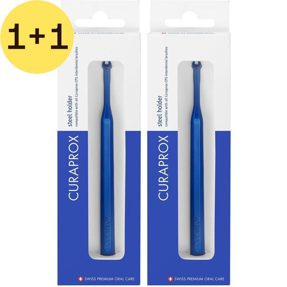 Deux porte-brosses interdentaires bleus CURAPROX dans leur emballage. Texte: CURAPROX, steel holder, Swiss Premium Oral Care.