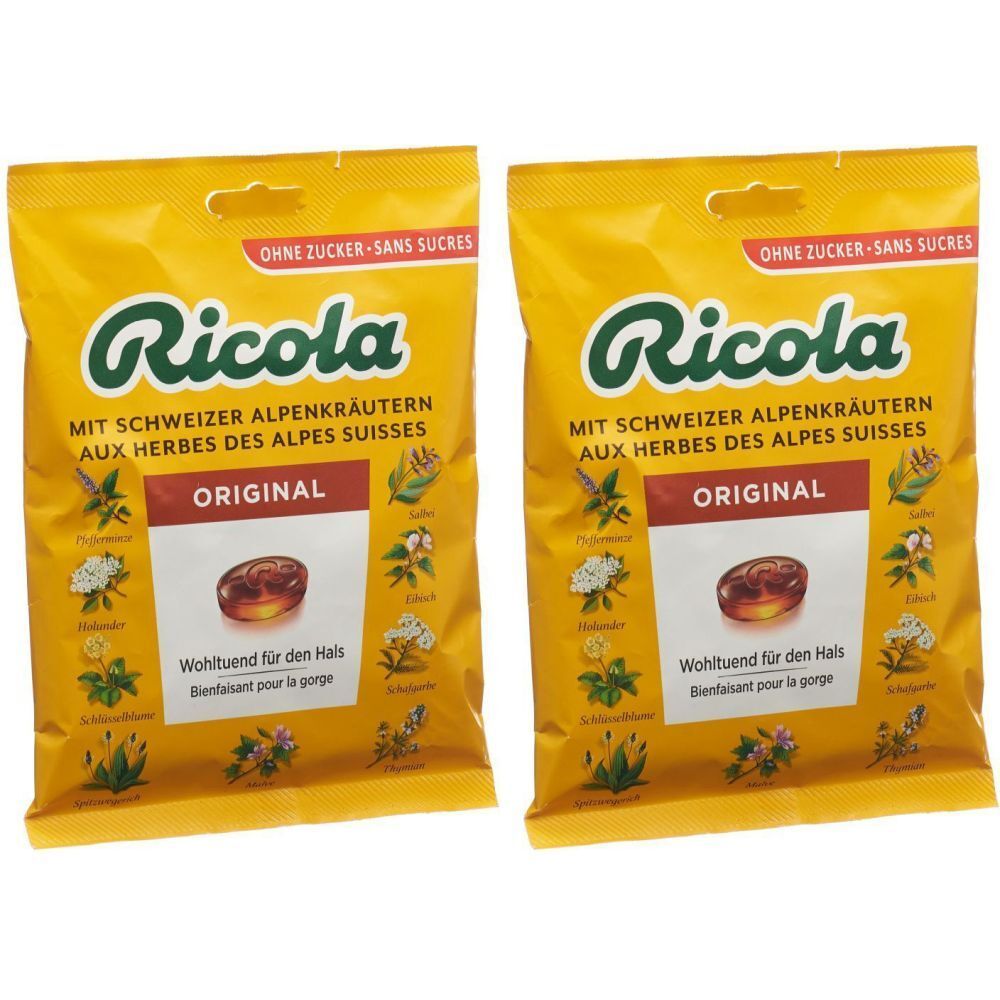 Deux sachets jaunes "Ricola". Texte: "AUX HERBES DES ALPES SUISSES". Image d'un bonbon. "Sans sucres".