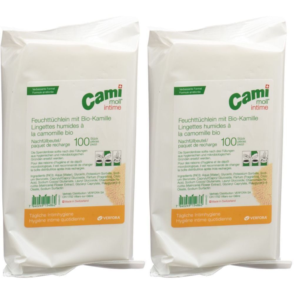 Deux paquets blancs de lingettes. Inscription : Cami moll intime, lingettes humides à la camomille bio, 100 pièces.