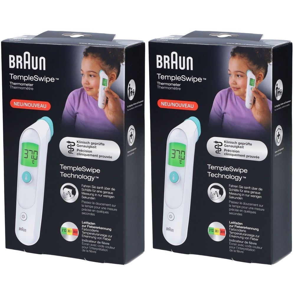 Deux boîtes de thermomètres BRAUN Templeswipe. Chaque boîte montre un thermomètre utilisé sur une personne. L'affichage de la température est de 37,0.