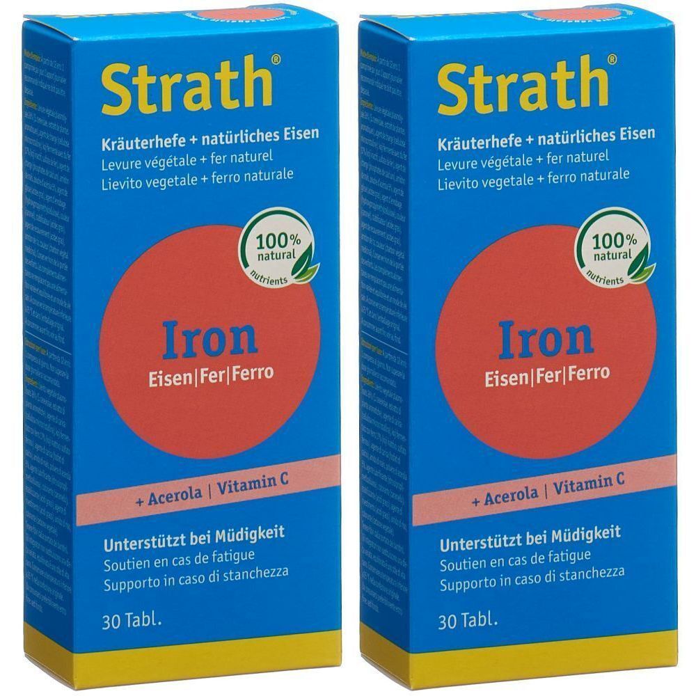 Deux boîtes bleues avec le logo "Strath" et du texte. Cercle rouge avec "Iron" et "100% naturel". Contient de l'acérola et de la vitamine C. 30 comprimés.