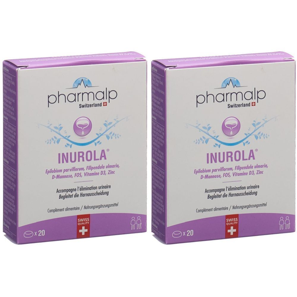 Deux boîtes rectangulaires avec le nom "pharmalp". Sur chaque boîte, le mot "INUROLA". Inscriptions : "Swiss Quality" et "x20".