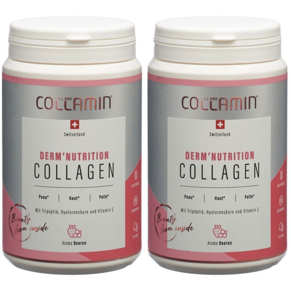 Deux boîtes de COLLAMIN Derm'Nutrition Collagène. Couvercles blancs, contenants argentés avec accents roses. Texte: Derm'Nutrition Collagen, Suisse.