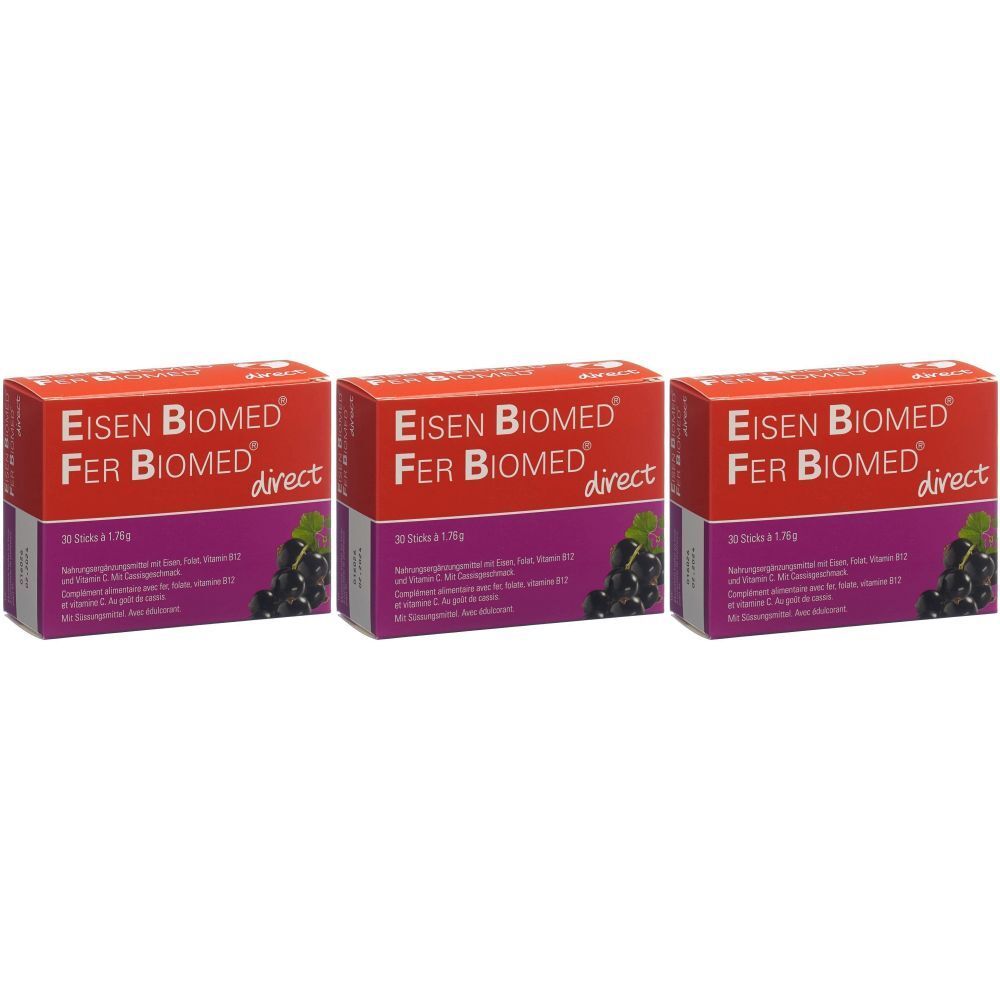 Trois boîtes avec l'inscription rouge "EISEN BIOMED FER BIOMED direct". Chaque boîte présente une image de raisins.