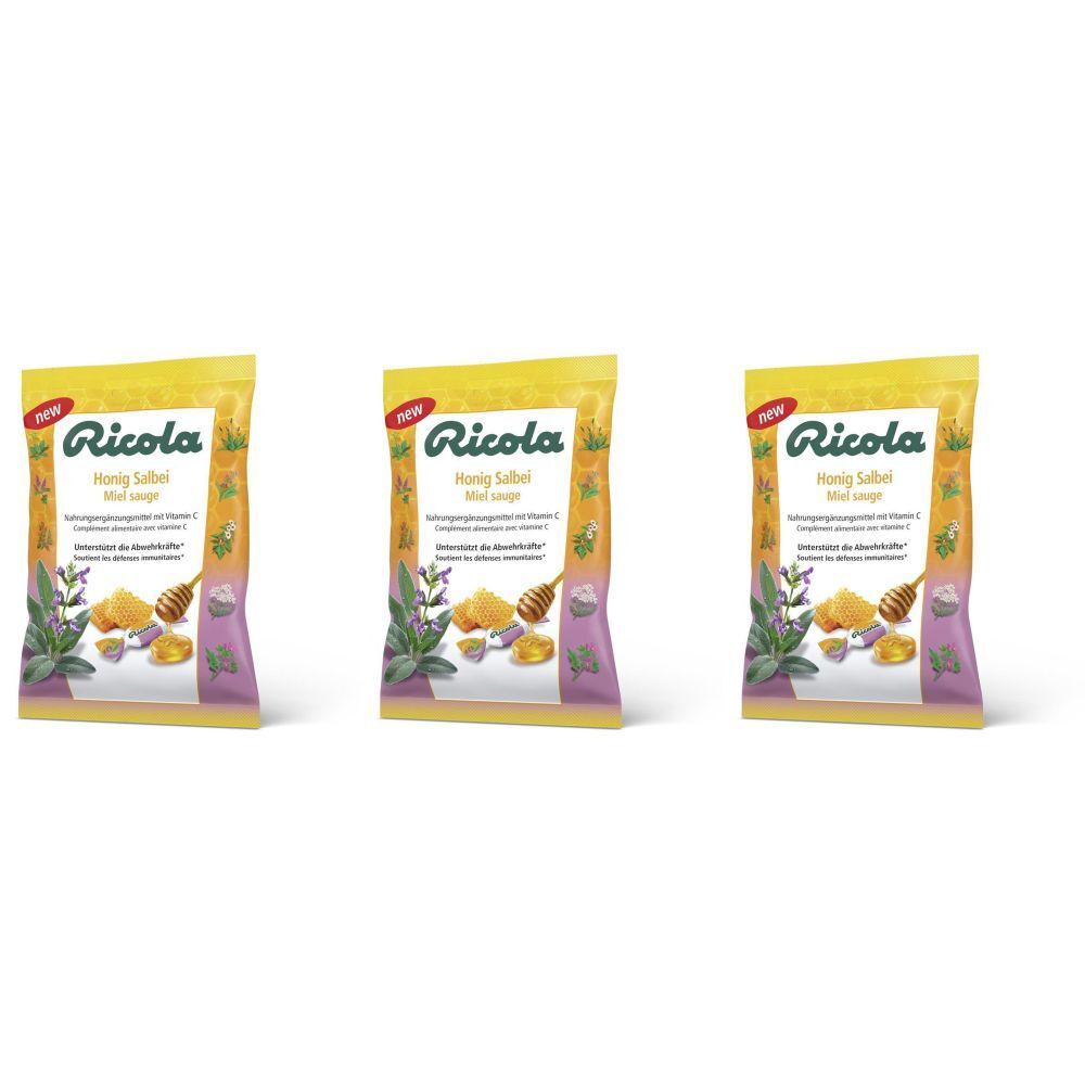 Trois sachets de bonbons au miel et à la sauge. Emballage jaune avec logo et informations sur le produit. Herbes et miel illustrés.