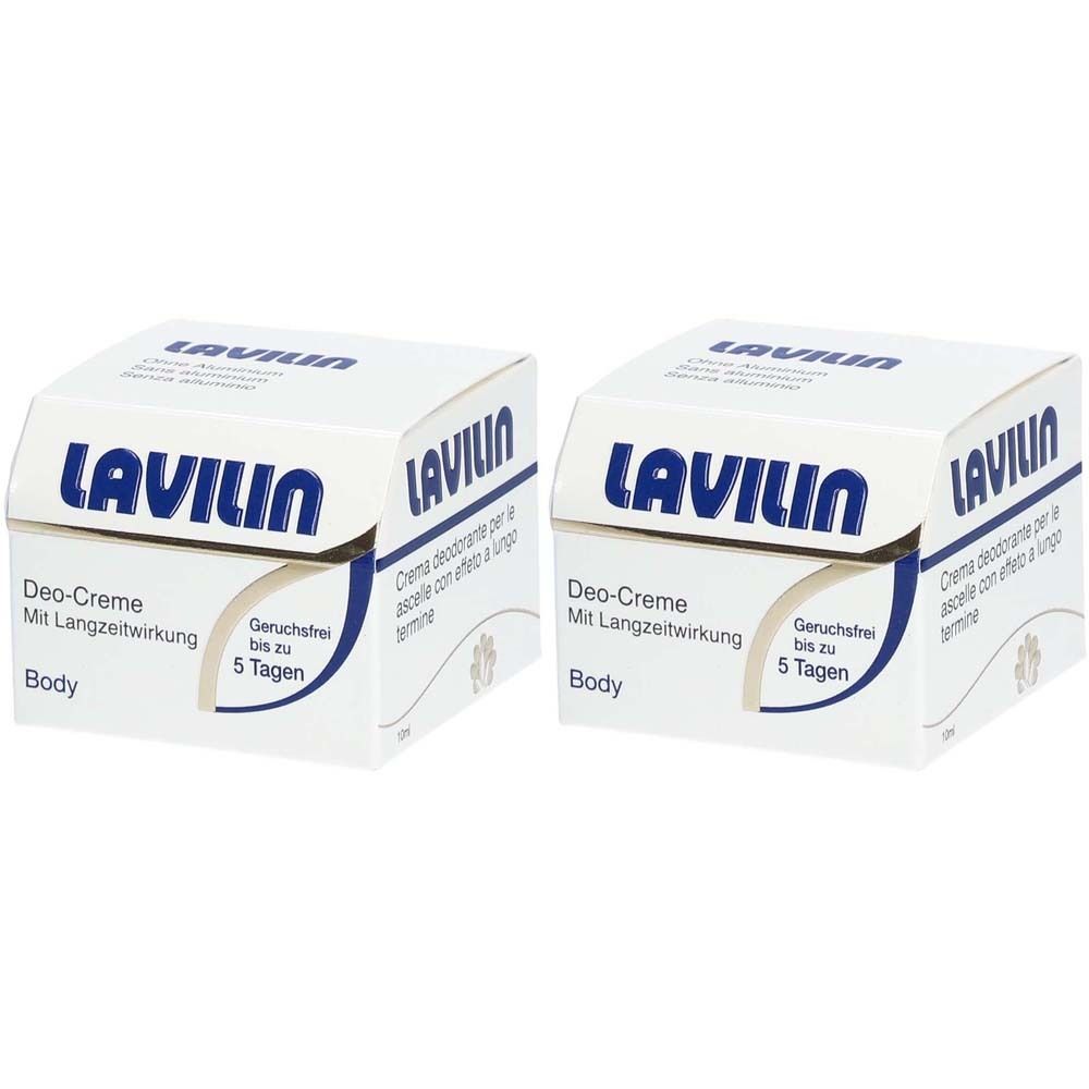Deux boîtes carrées avec le logo LAVILIN. Inscription: Deo-Creme, sans odeur jusqu'à 5 jours. Produit pour le corps.