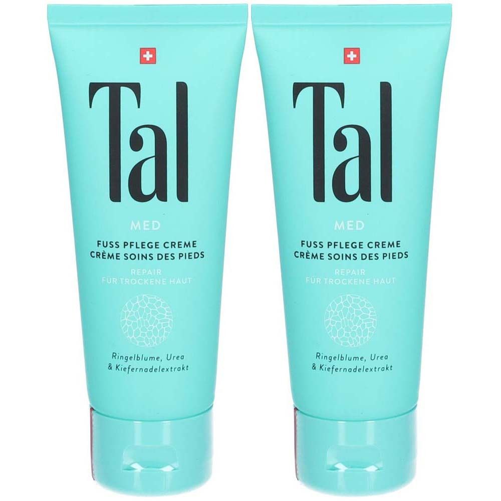 Deux tubes de crème pour les pieds, bleu clair, avec le texte noir "Tal". Texte: "Fuss Pflege Creme", "MED", "Repair".