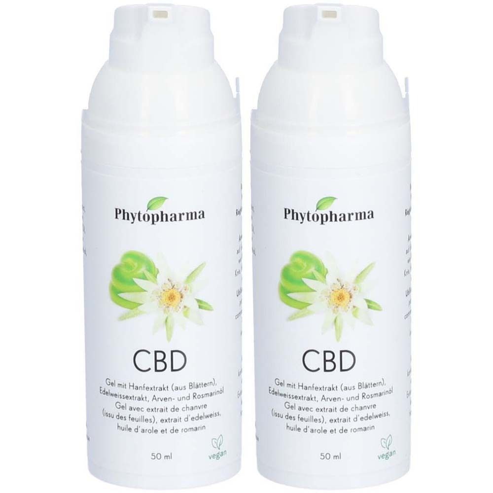 Deux flacons blancs avec Phytopharma, CBD et motif floral. Sceau végétalien. 50 ml.