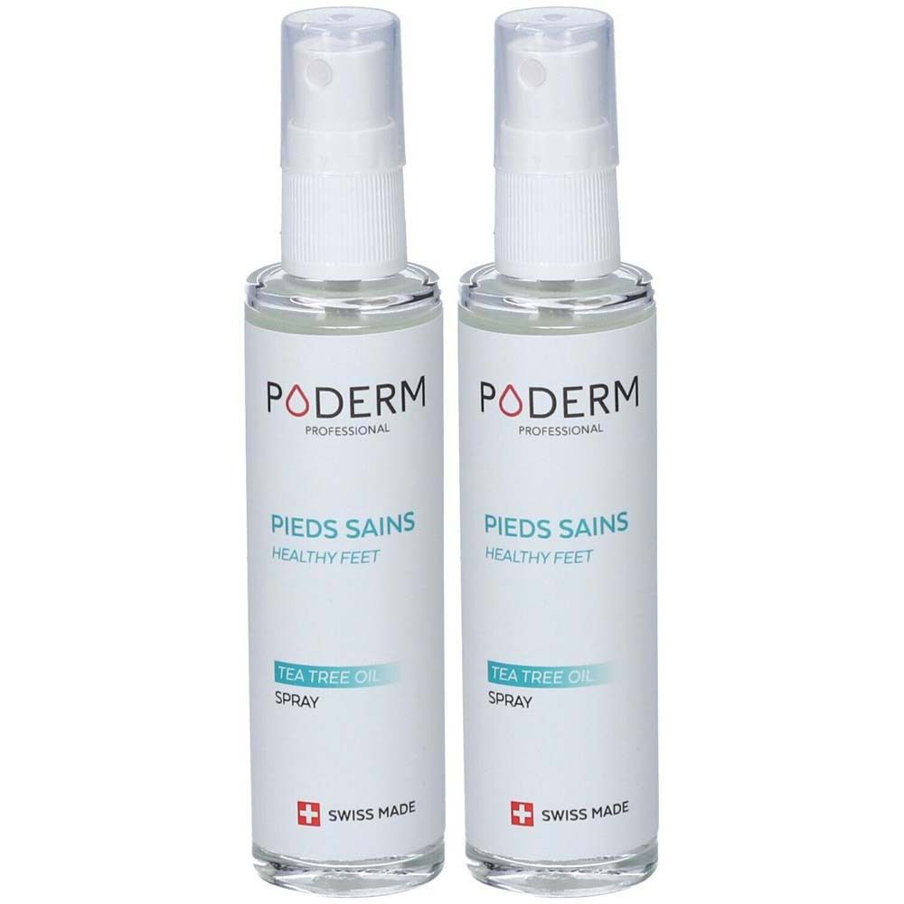 Deux flacons spray avec étiquette blanche. Inscription: PODERM, PIEDS SAINS, HEALTHY FEET, TEA TREE OIL SPRAY. Croix suisse.