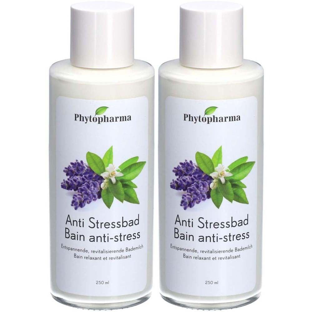Deux flacons avec bouchons blancs. Étiquette: logo Phytopharma, lavande violette, texte Anti Stressbad Bain anti-stress. 250 ml.