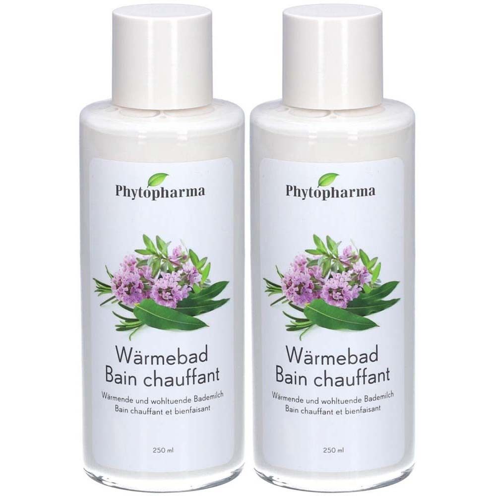 Deux flacons de bain chauffant Phytopharma. Flacons blancs avec bouchons blancs. Étiquette avec motif floral et nom du produit.