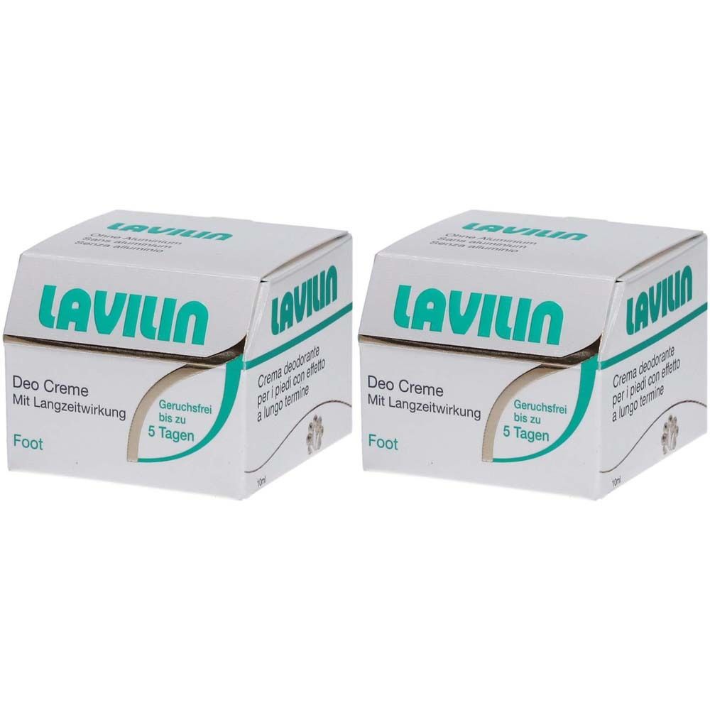 Deux boîtes blanches avec le nom LAVILIN. Inscriptions en allemand et italien. Inscription : Crème déodorante pour les pieds.