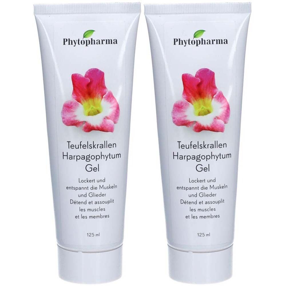 Deux tubes de gel PHYTOPHARMA Harpagophytum. Tubes blancs avec motif floral et nom du produit. Texte en allemand et français. 125 ml.