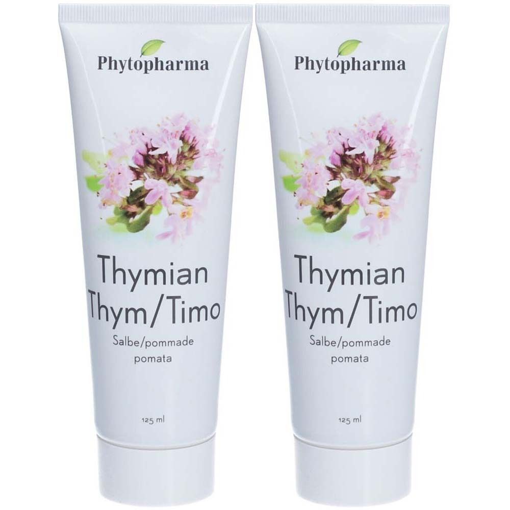 Deux tubes de pommade au thym. Inscription : Phytopharma, Thymian Thym/Timo, Salbe/pommade/pomata. 125 ml.