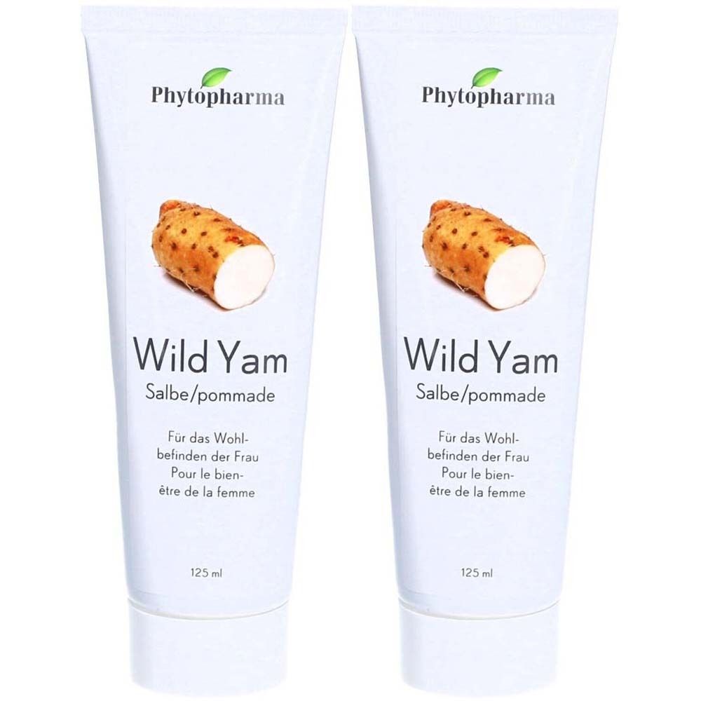 Deux tubes de "Wild Yam Salbe/pommade". Marque "Phytopharma". Image d'igname. Texte pour le bien-être de la femme. 125ml.