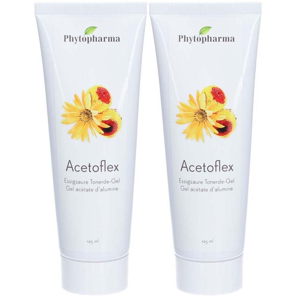 Deux tubes de PHYTOPHARMA Acetoflex. Tubes blancs avec motif floral et nom du produit. Texte : Essigsaure Tonerde-Gel, Gel acétate d'alumine.