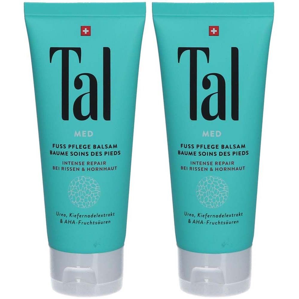 Deux tubes de baume pour les pieds. Tubes turquoise avec bouchon blanc. Inscription : Tal, Med, Baume soins des pieds, Intense Repair.