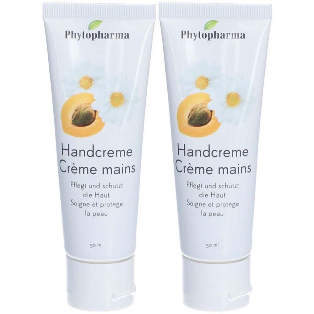 Deux tubes de crème pour les mains. Inscription : Phytopharma, Handcreme, Crème mains. Avec illustrations de fleurs et d'abricots. Tubes blancs avec bouchons blancs.