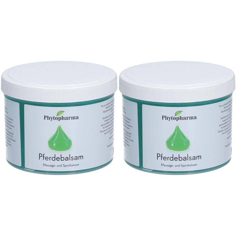 Deux pots ronds avec couvercles blancs. Inscription : Phytopharma, Pferde-balsam. Logo vert.