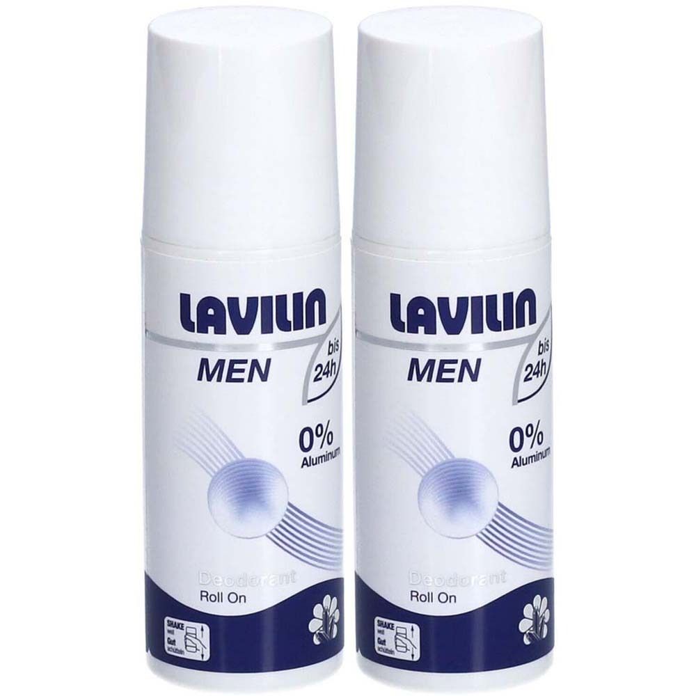 Deux déodorants roll-on blancs. Inscription: LAVILIN MEN, 0% Aluminium. Avec graphique de boule bleue et symbole floral.