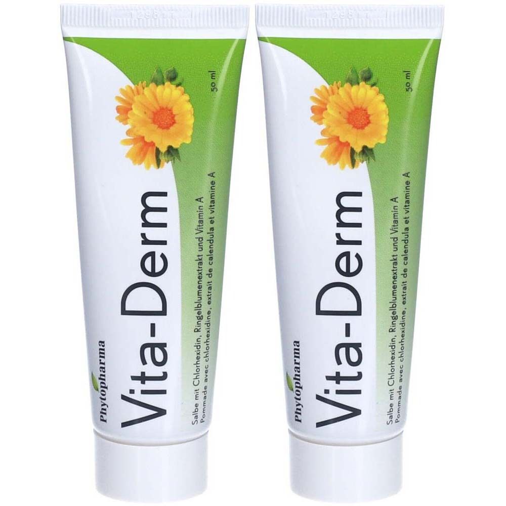 Deux tubes de crème Vita-Derm. Tubes blancs avec éléments verts et jaunes. Inscription : Vita-Derm, Phytopharma. Avec extrait de calendula et vitamine A.