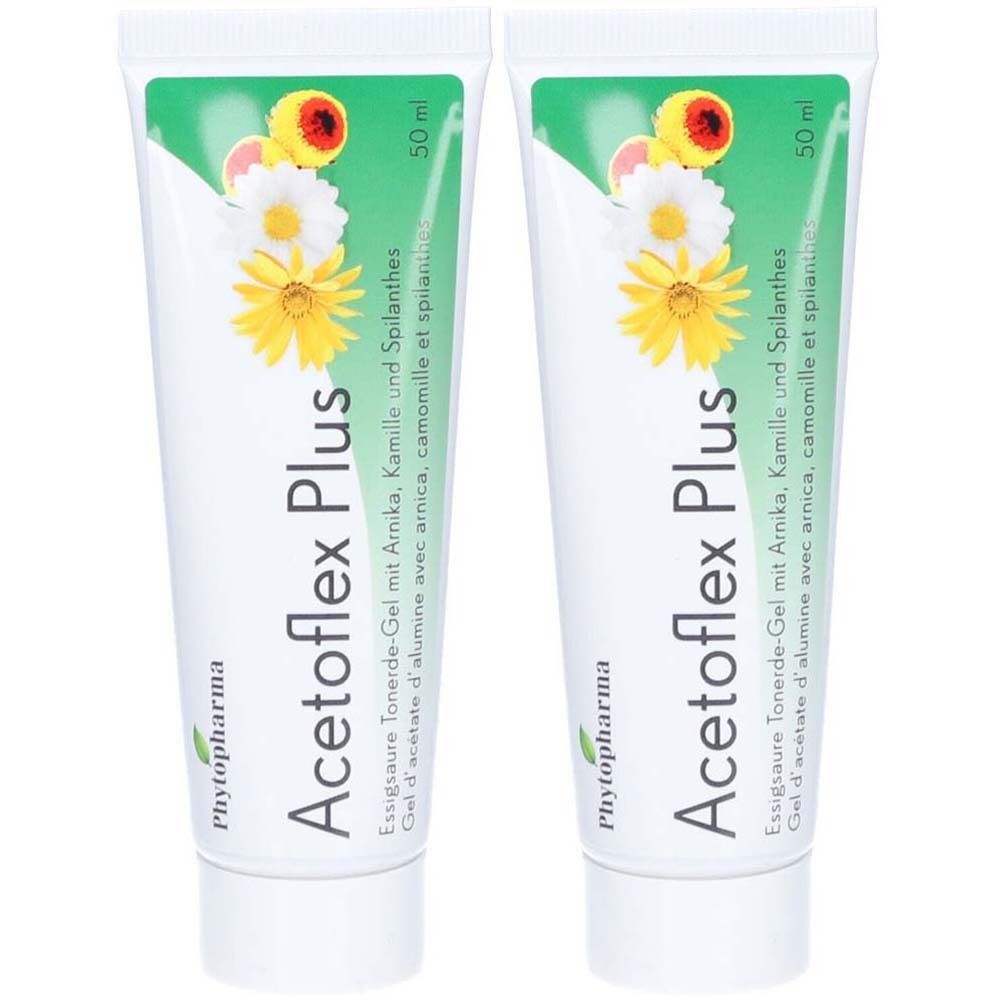 Deux tubes de gel Acetoflex Plus de Phytopharma. Tubes blancs avec éléments verts et floraux. Texte: 50 ml, Gel d'acétate d'alumine.