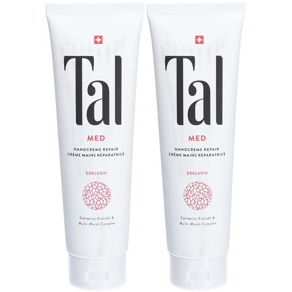 Deux tubes blancs avec le mot "Tal" en noir, une croix rouge et des indications de produit. "MED" et "Handcreme Repair".