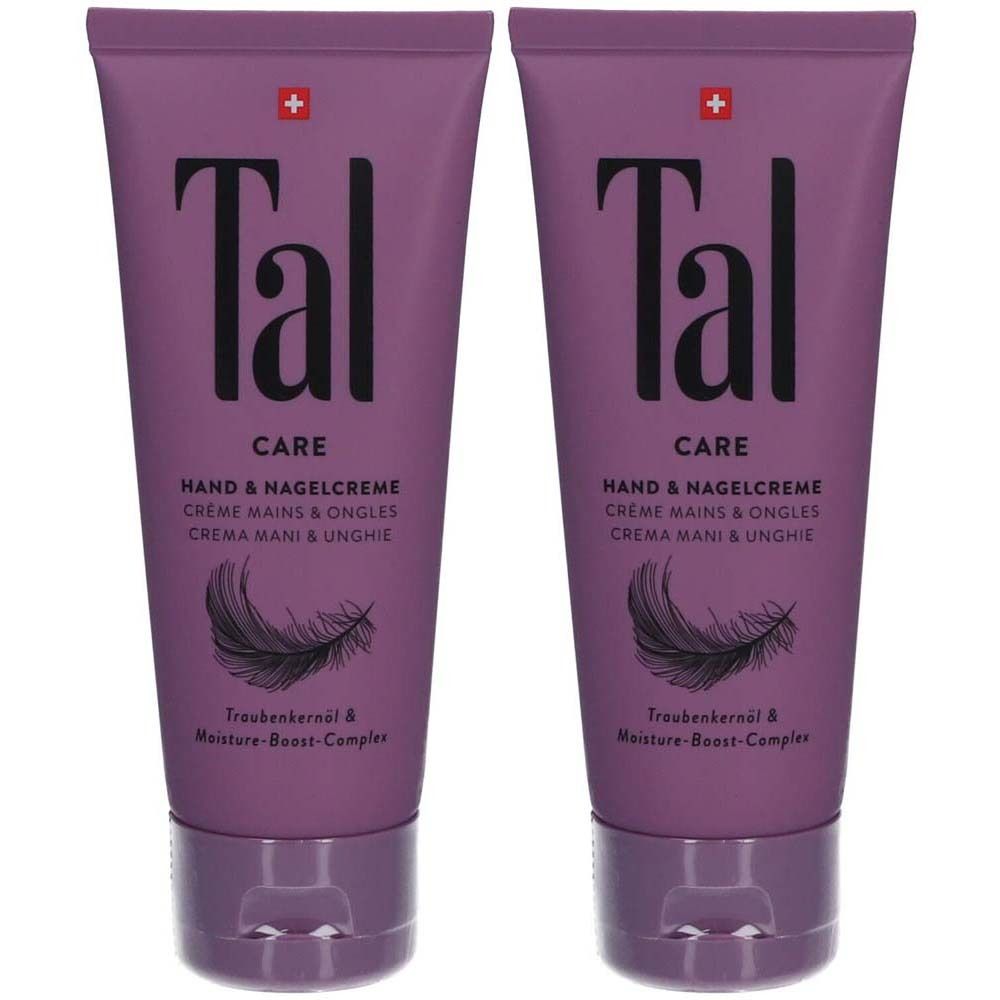Deux tubes de crème pour les mains et les ongles. Tube violet avec croix blanche, texte noir "Tal" et nom du produit.