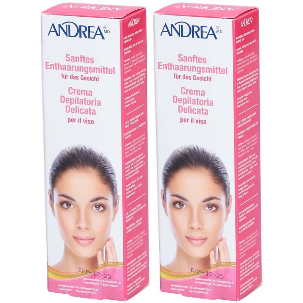 Deux boîtes de crème dépilatoire ANDREA pour le visage. Emballage blanc avec des accents roses et le nom du produit en allemand et italien.