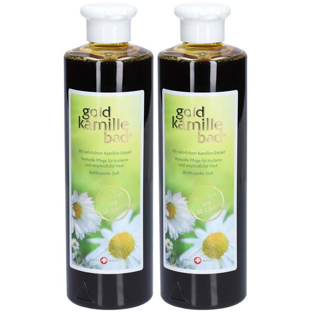 Deux flacons avec bouchons blancs. Inscription: gold kamille bad. En dessous, des fleurs de camomille et une croix suisse.