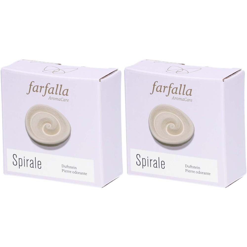 Deux boîtes blanches avec le logo farfalla AromaCare. Sur chaque boîte, une pierre parfumée est représentée. Le mot "Spirale" est en dessous.
