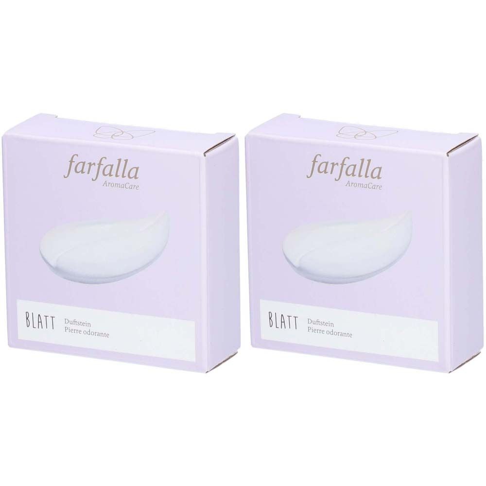 Deux boîtes lilas avec le logo "farfalla". Chaque boîte présente une feuille blanche. Texte : BLATT, Duftstein, Fiore adorante.